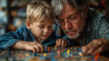 Fototapeta premium Family Time: Take a photo of your whole family playing a board game.generative ai