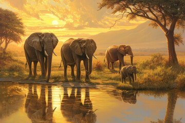 Elephants at Sunset by a Waterhole in African Savanna