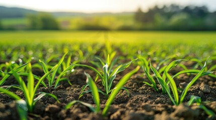 Fototapeta premium Close up Photography of Young Green Wheat Plants Growing in Agricultural Field Blurred Background