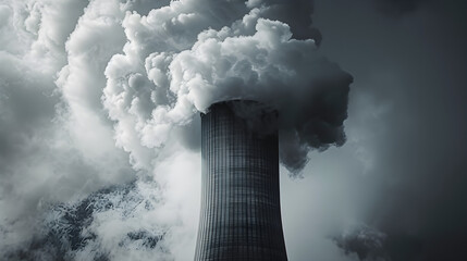 towering industrial cooling tower enveloped in dynamic steam clouds, emphasizes environmental impact, ideal for energy sector marketing, offers prominent copy space, evokes urgency and innovation.