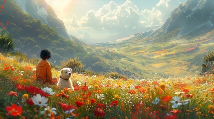 Fototapeta premium A tranquil, blooming floral meadow with vibrant colors, rolling hills, and a sunlit, misty horizon, ideal for a peaceful and scenic nature background image. Watercolor style, high resolution
