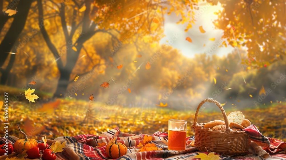 Poster a cozy picnic blanket with a basket of food and drinks is set up in a forest, surrounded by vibrant 