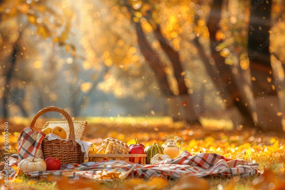Poster a picnic basket on a blanket in a colorful autumn forest, surrounded by trees with golden leaves and
