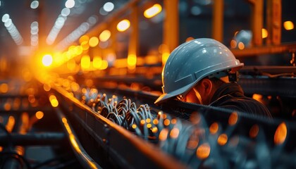 Depict a safety training session in a metallurgy factory, with workers learning about new construction techniques