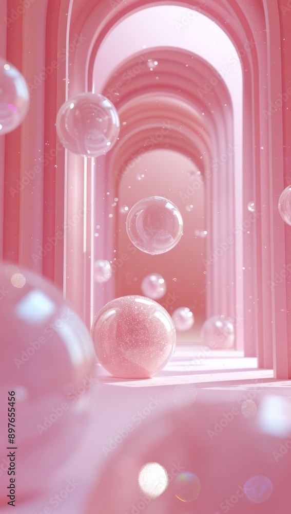 Poster modern minimalistic pink corridor with floating spheres and arched columns