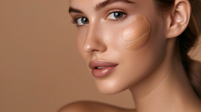 Woman with swatches of foundation on face against brown background, closeup