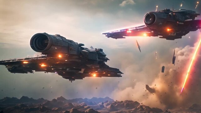 Epic space battle with starships and laser beam
