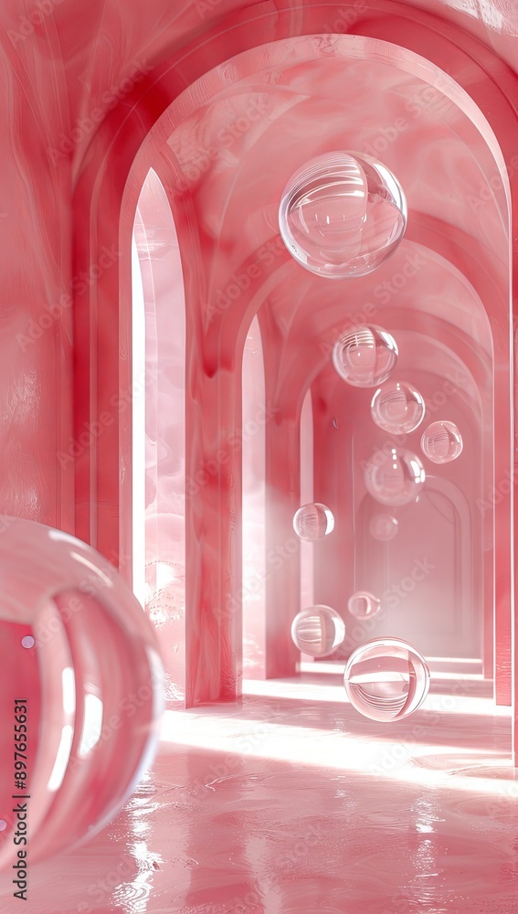 Poster minimalistic modern pink hallway with arches and spheres creating an elegant abstract architectural 