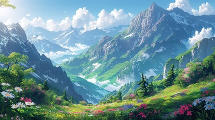 Obraz premium Breathtaking alpine landscape with misty mountain peaks, verdant valleys, and blooming flowers under a sunlit sky, creating a picturesque and tranquil nature background image. Watercolor style, high