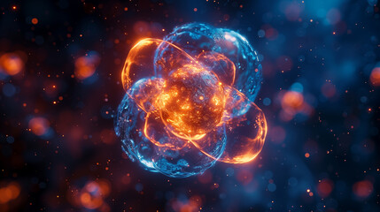 Conceptual rendering of an atom with glowing orange nucleus and blue electron orbits floating in cosmic space. Concept of quantum physics, scientific discovery, and atomic energy.