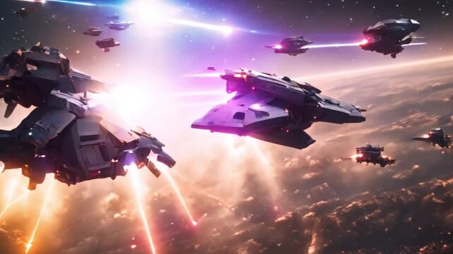 Epic space battle with starships and laser beam