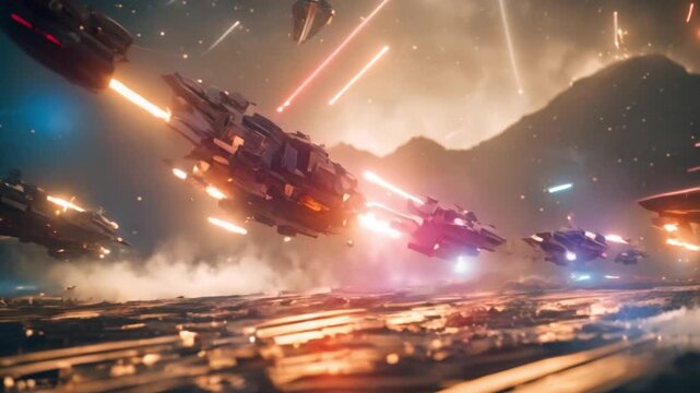 Epic space battle with starships and laser beam