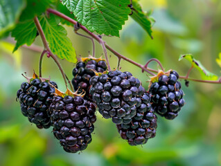 Fototapeta premium Blackberry bushes hanging on the branch with green leaves in the garden