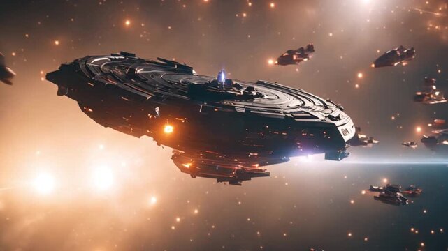 Epic space battle with starships and laser beam