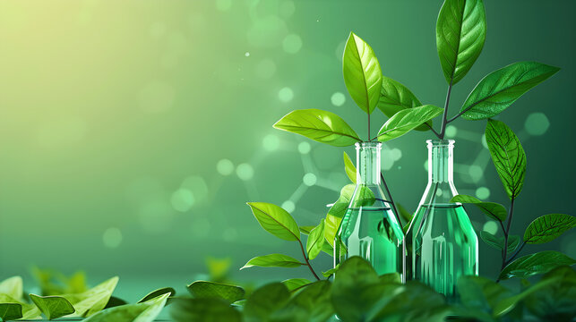 Bottles with green liquid surrounded by fresh leaves, represents sustainability and eco-friendliness, ideal for marketing in healthcare, beauty, education, and environment sectors....