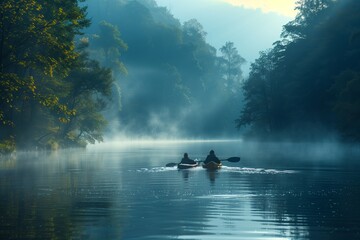 Fototapeta premium Two Kayakers Paddle Through Morning Mist on Serene River
