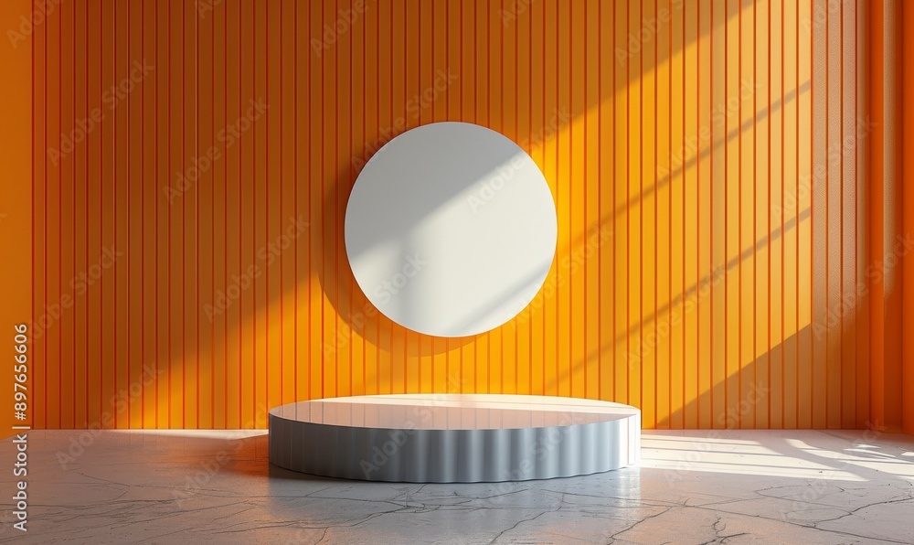 Poster minimalistic orange background with empty circular stage and geometric patterns