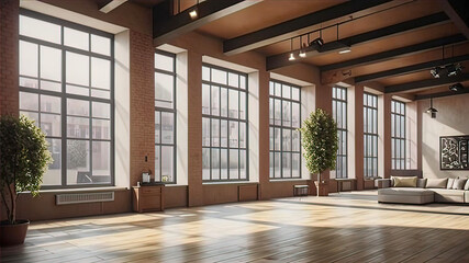 Fototapeta premium Contemporary loft with large windows, marble columns and elegant colonnade, a modern and luxurious lifestyle,