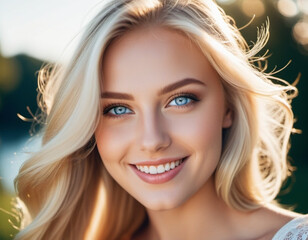 Fototapeta premium Portrait of a smiling beautiful young blonde girl or woman with straight flowing hair, blue eyes, long eyelashes and white teeth. Sunny weather in the background. Joy and happiness. Generated AI