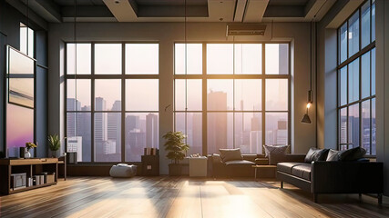 Fototapeta premium Contemporary loft with large windows, marble columns and elegant colonnade, a modern and luxurious lifestyle,