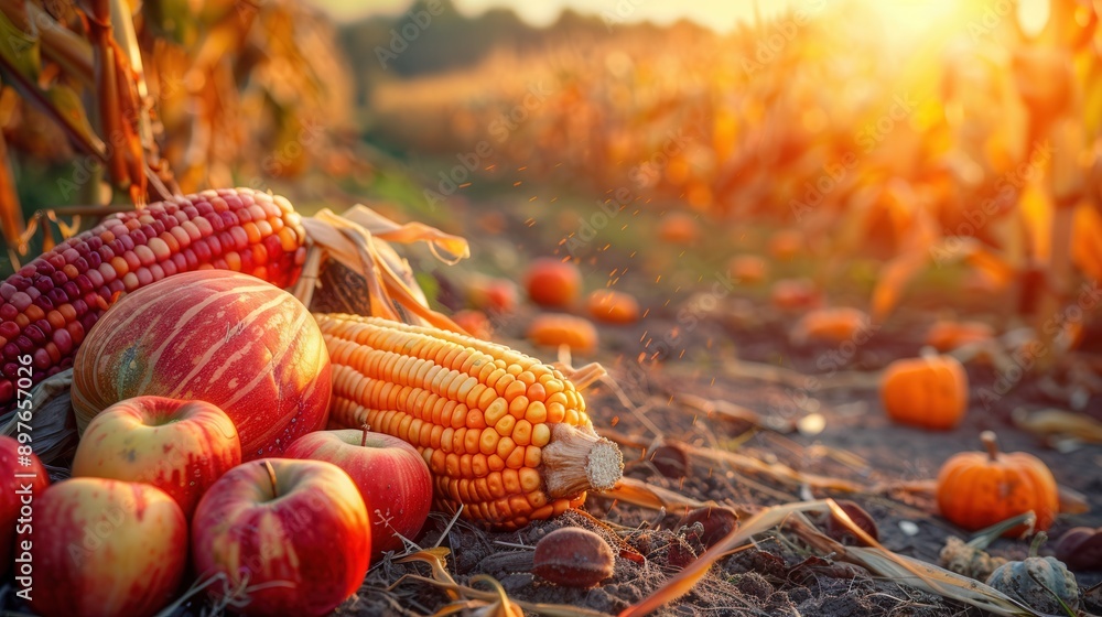 Poster A close-up of a colorful harvest spread on the ground in a field of corn. Generative AI