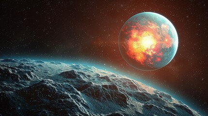 Obraz premium Beautiful representation of an exoplanet, orbiting a distant star, emphasizing the diversity and potential for life in the vast reaches of interstellar space. Watercolor style, high resolution