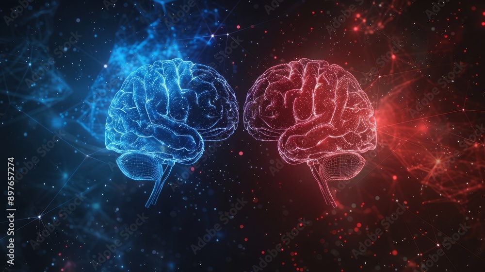 Poster digital illustration of two neural networks, symbolizing artificial intelligence and brain connectiv