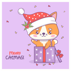 Cute Christmas cat in Santa hat looks out of gift box. Cartoon kawaii animal character. Festive cool New Year card. Vector illustration. Kids collection