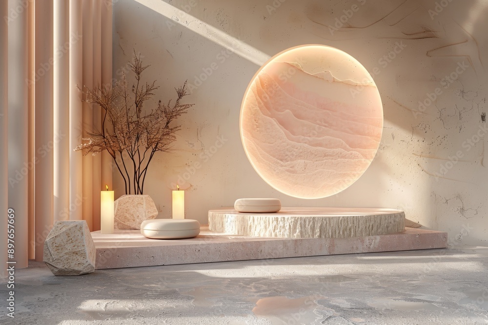 Poster minimalistic pink podium with stone block for product display in modern setting