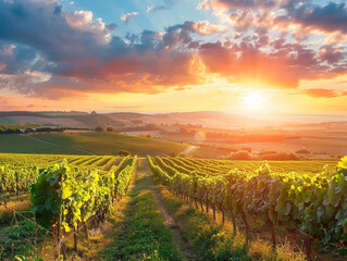 Fototapeta premium Vineyard at sunset, rows of vines with green leaves and the sunset in the background