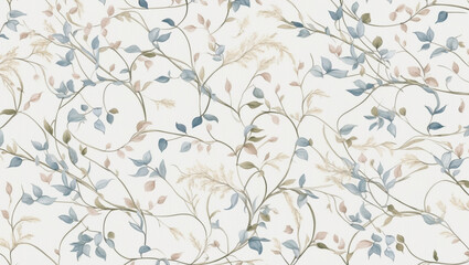 Seamless Abstract Watercolor Pattern of Delicate Blue and Brown Leaves on a White Background