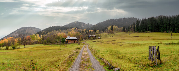 Traditional black sea Karadeniz wooden house in highlands on a beautiful autumn day. Savsat is a town of Artvin in Black Sea region