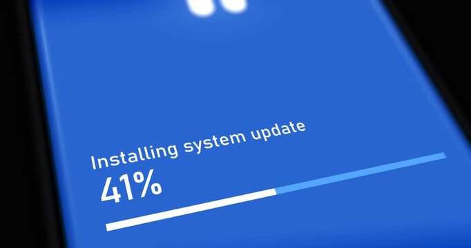 Installing system update on blue smartphone screen, software update process with progress bar animation, footage