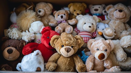 Box full of toys teddy bear and stuffed animals