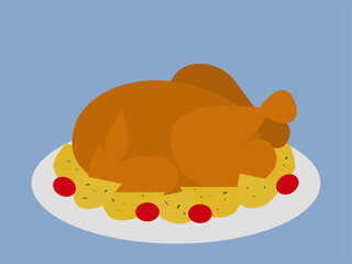 Whole roast chicken with potatoes and cherry tomatoes.