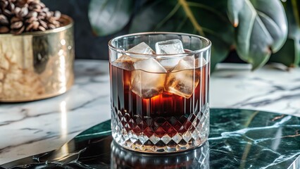 Black Russian, dark cocktail with vodka and coffee liqueur. Serve in an old fashioned glass with ice