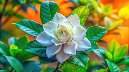 A Single White Gardenia Flower Blooms Amidst Lush Green Leaves. Generative AI