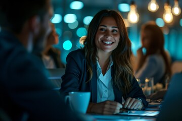 Fototapeta premium A smiling businesswoman presenting a new project in a modern office setting The atmosphere is professional and engaging with colleagues visible in the background and soft lighting highlighting the sce