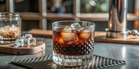 Black Russian, dark cocktail with vodka and coffee liqueur. Serve in an old fashioned glass with ice