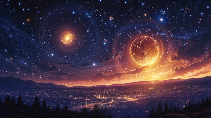 Beautiful image of a binary star system, with two stars orbiting each other, showcasing the dynamic and diverse relationships in the cosmic expanse. Watercolor style, high resolution Illustration, in