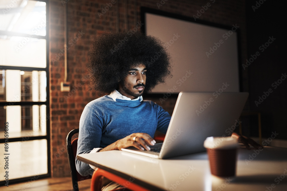 Poster Night, black man and laptop at table for design, editing and research in office. IT guy, digital creative and web development in dark with technology, programming or logo creation for small business