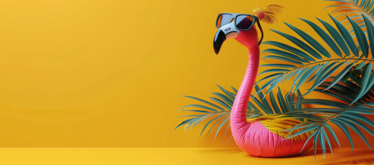 Fototapeta premium Pink flamingo with sunglasses and hat under palm leaf on yellow summer background 3D Rendering, 3D Illustration 