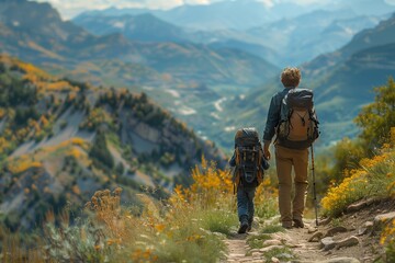 Obraz premium Father and Son Hike Mountain Trail During Autumn