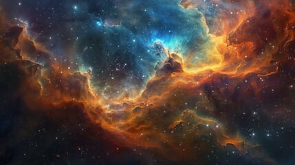 Fototapeta premium Stunning background image of a vibrant nebula, showcasing the swirling stardust and mesmerizing colors of interstellar science in the vast cosmic expanse. Watercolor style, high resolution
