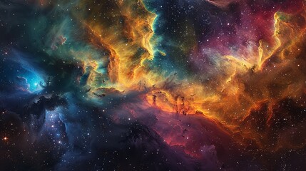 Fototapeta premium Stunning background image of a vibrant nebula, showcasing the swirling stardust and mesmerizing colors of interstellar science in the vast cosmic expanse. Watercolor style, high resolution