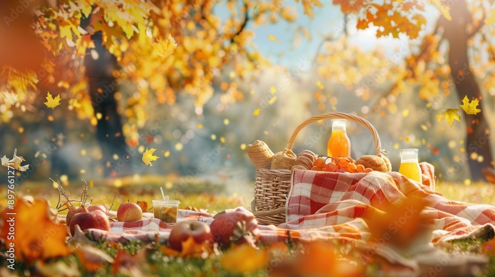 Poster A picnic basket filled with food and drinks sits on a red and white checkered blanket under a canopy of golden fall foliage. Generative AI