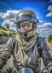 A Motorcyclist Wearing a Full-Face Helmet and Sunglasses Rides on a Sunny Day. Generative AI