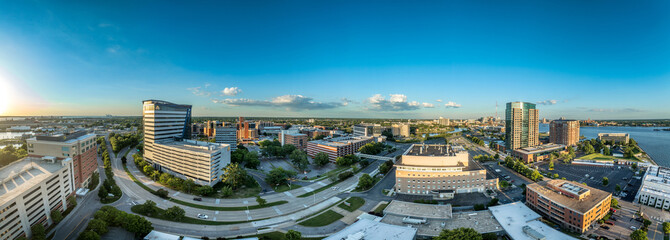 Aerial view of historic downtown district of Norfolk Virginia before sunset