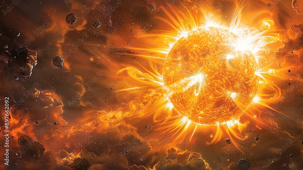 Poster Stunning depiction of a solar flare with its intense bursts of energy and light, showcasing the dynamic and powerful nature of our sun and other stars. Watercolor style, high resolution Illustration,