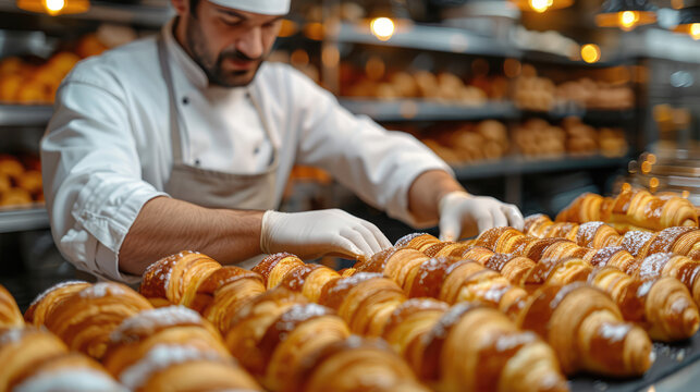 Bakery chef cooking bake croissants in the kitchen professional